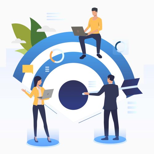 Business people working and setting company target. Planning, management, strategy concept. Vector illustration can be used for topics like business, finance, targeting